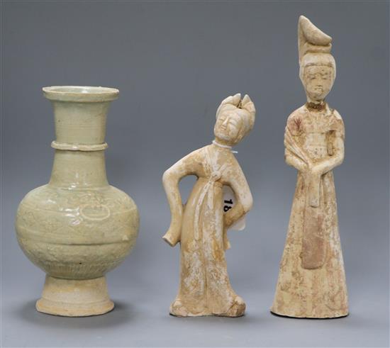 A Chinese Qingbai vase, Yuan dynasty and two pottery figures possibly Tang Dynasty tallest 30cm